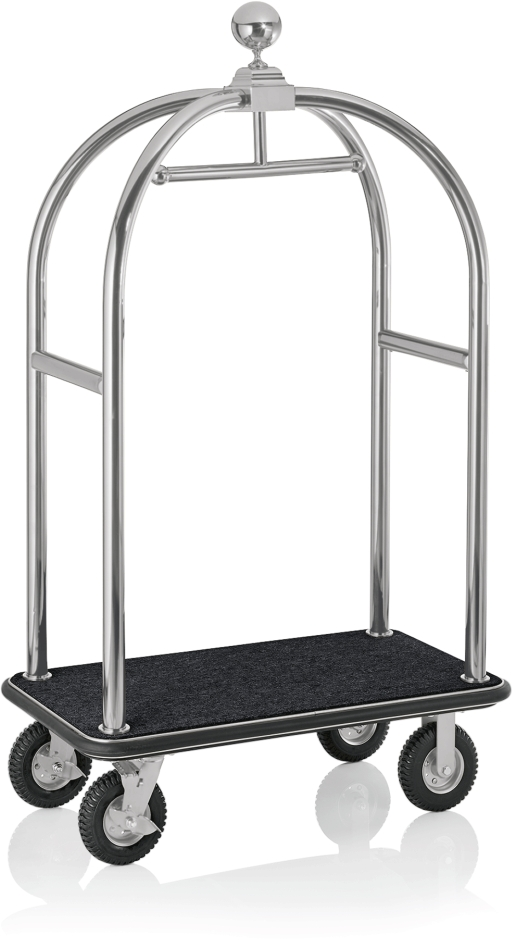 Gepäckwagen, 113 x 62 x 191 cm, silberfarben gebürstet, schwarzer Teppich, Edelstahl