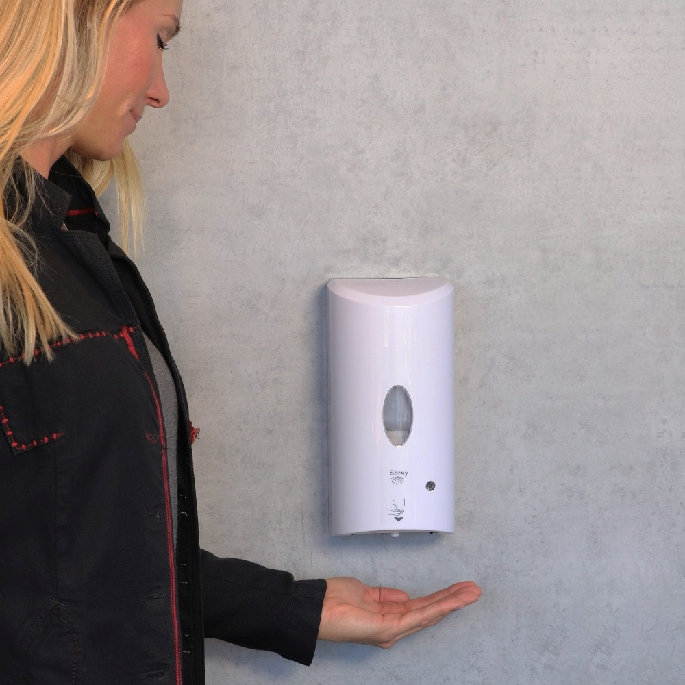 Desinfektionsspender -SPRAY- 13,5 x 12,5 cm H: 26 cm, ABS, PP, PE, weiß mit Sensor