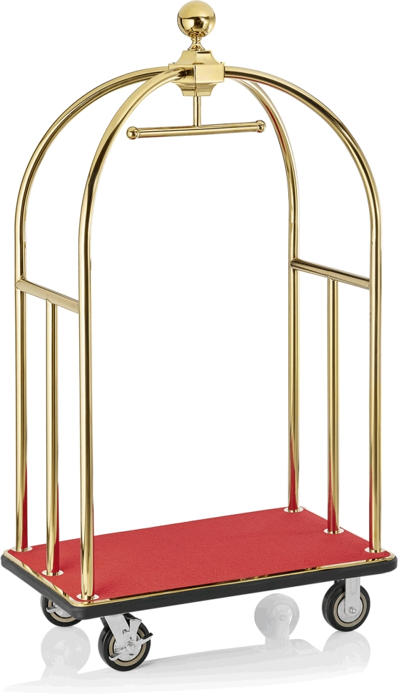 Gepäckwagen, 112 x 61 x 186 cm, goldfarben, roter Teppich, Edelstahl