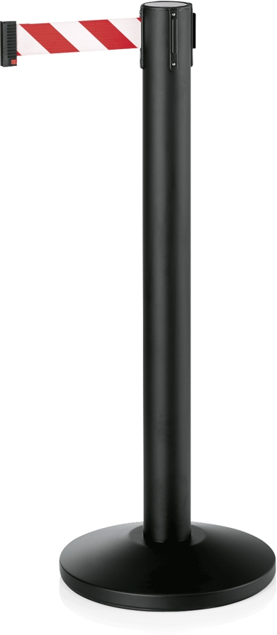 Abgrenzungspfosten mit Gurtband rot/weiß, 5 m, schwarz, pulverbeschichtet, Polyester/Edelstahl