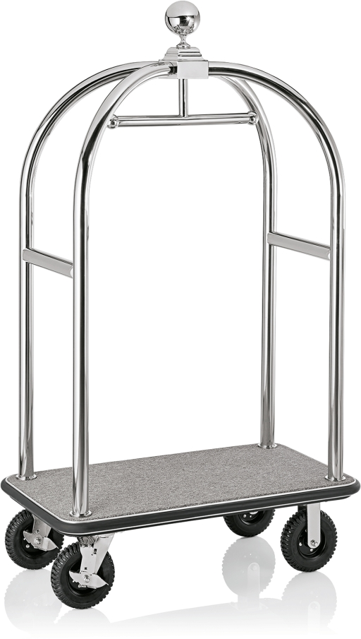 Gepäckwagen, 113 x 62 x 191 cm, silberfarben, grauer Teppich, Edelstahl