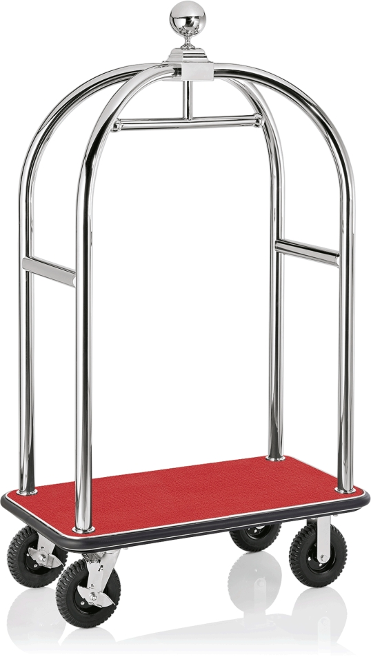 Gepäckwagen, 113 x 62 x 191 cm, silberfarben, roter Teppich, Edelstahl