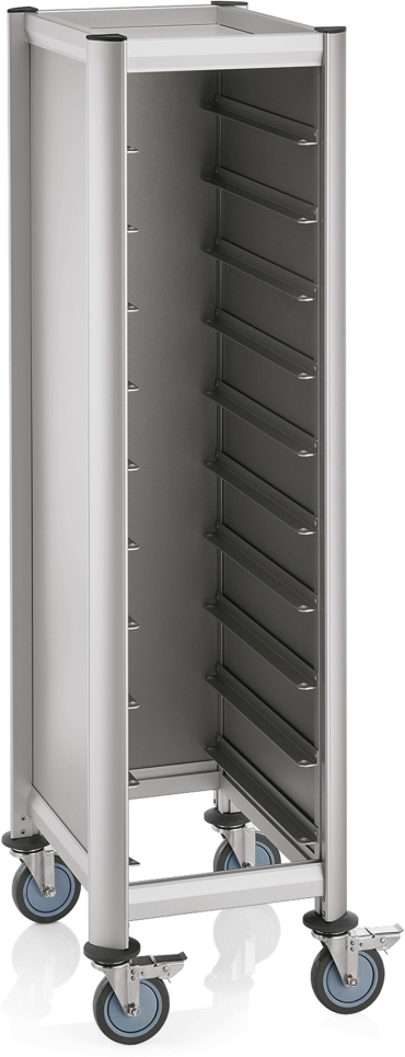 EN Regalwagen Trolley Mensa, für 10 EN Tabletts, silber, 60 x 50 x 165 cm, MDF/Alu
