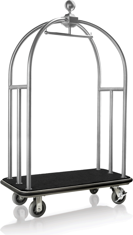 Gepäckwagen,112 x 61 x 186 cm, silberfarben gebürstet, schwarzer Teppich, Edelstahl