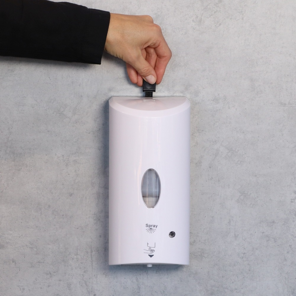 Desinfektionsspender -SPRAY- 13,5 x 12,5 cm H: 26 cm, ABS, PP, PE, weiß mit Sensor
