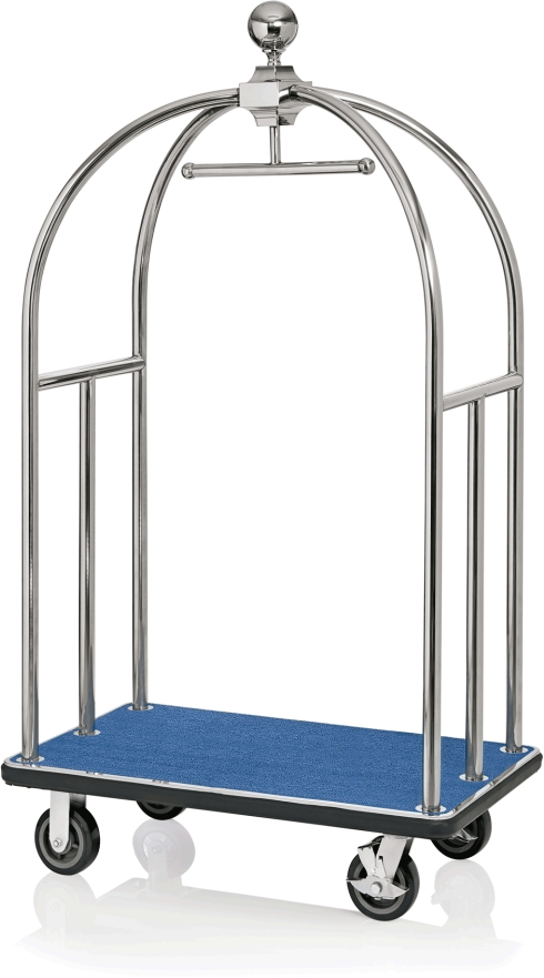 Gepäckwagen, 112 x 61 x 186 cm, silberfarben, blauer Teppich, Edelstahl