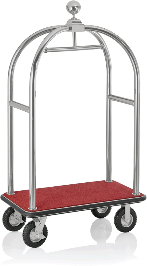 Gepäckwagen, 113 x 62 x 191 cm, silberfarben gebürstet, roter Teppich, Edelstahl