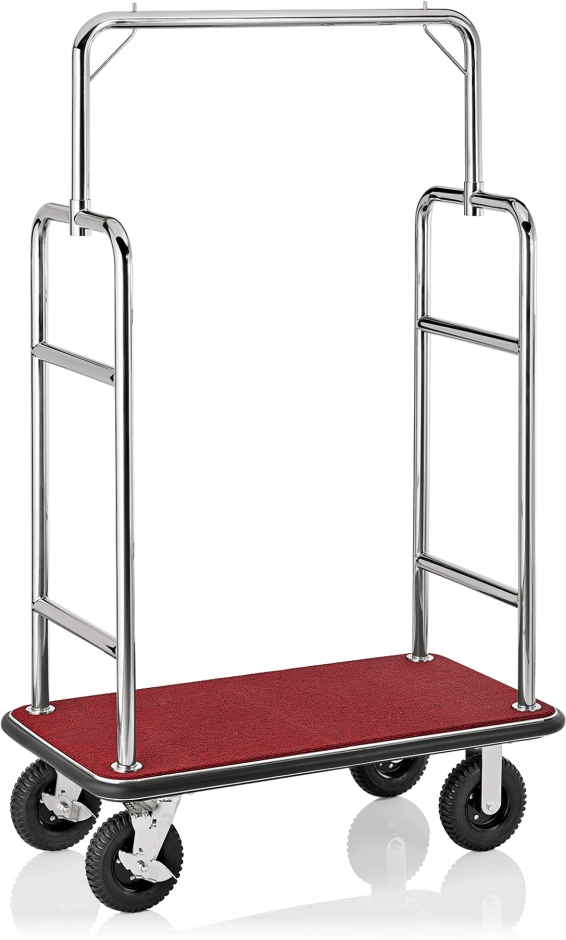 Gepäckwagen, 113 x 62 x 183 cm, silberfarben, roter Teppich, Edelstahl