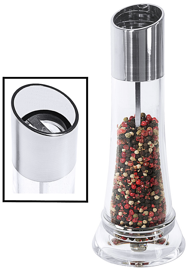 Pfeffermühle, klar 21 cm mit oben liegendem Mahlwerk