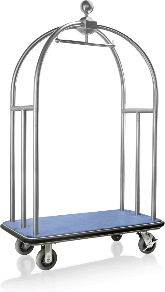 Gepäckwagen, 112 x 61 x 186 cm, silberfarben gebürstet, blauer Teppich, Edelstahl